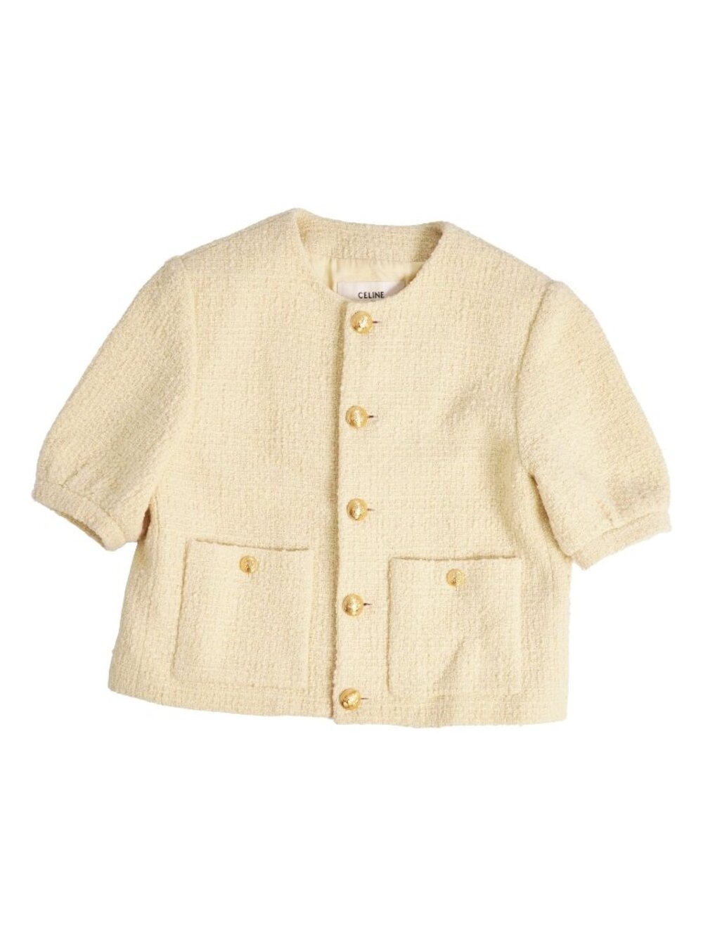 Celine Jacket Boucle Natte Collarless Short Sleeve Tweed Wool Beige 38
